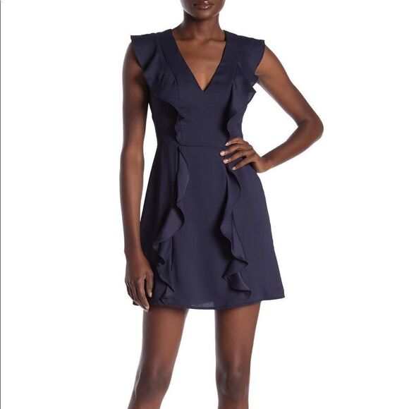 BCBGMAXAZRIA Eve Sleeveless V-Neck Mini Short Ruffle Dress Navy Blue 4 - Picture 2 of 5